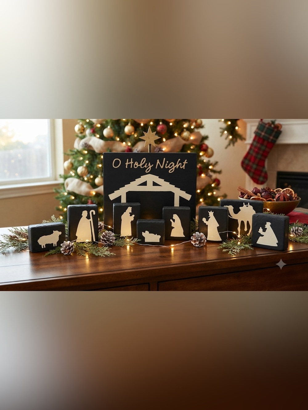 Wooden Block Silhouette Nativity Scene Decorations 13 pieces